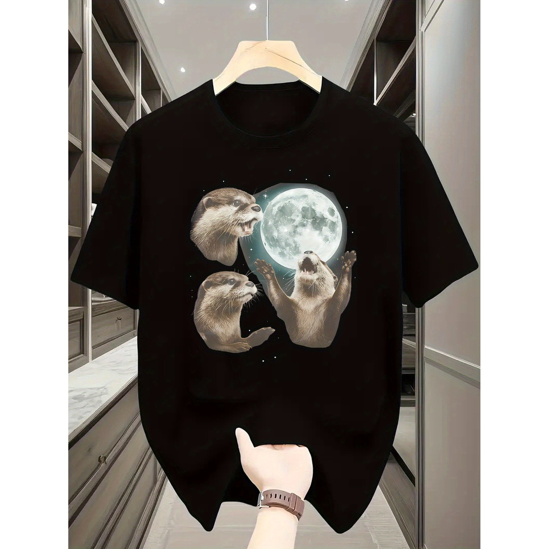 Undershirt Crew Neck - Playful Otters Under Moonlight Graphic T-shirt