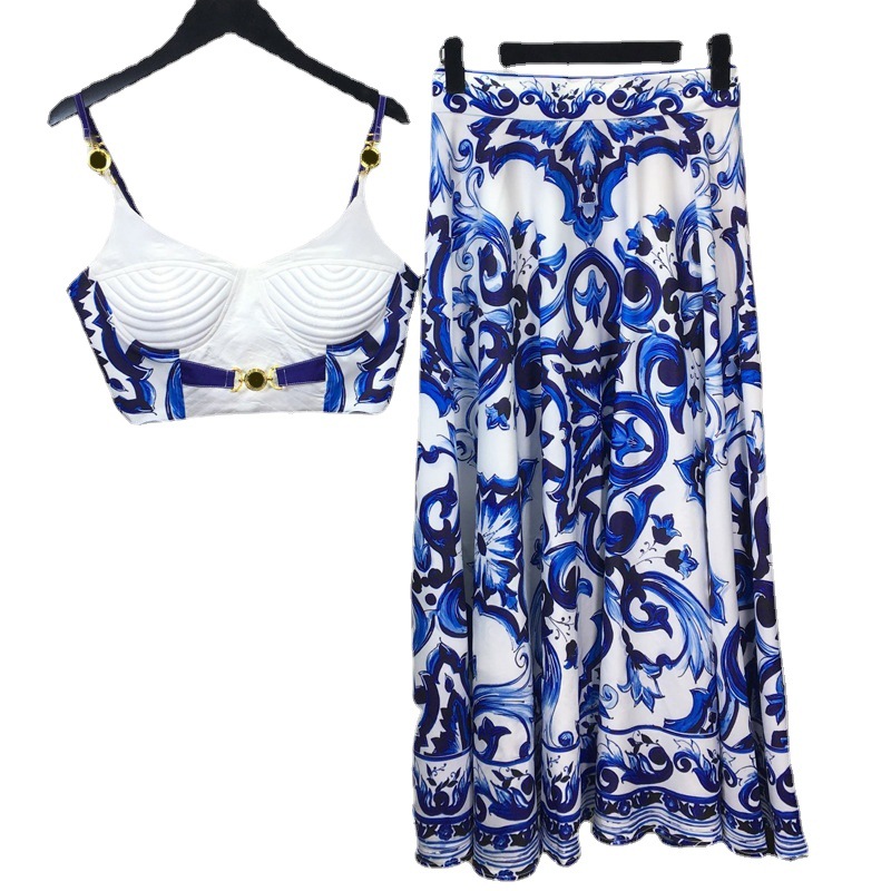 Suspender Tank Top - Zomer Bohemain Blauw En Wit Porselein