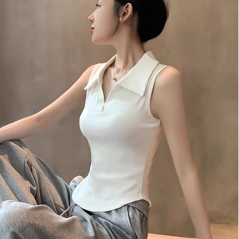 Tank Top Ribbed - Witte mouwloze polokraag tanktop voor dames,