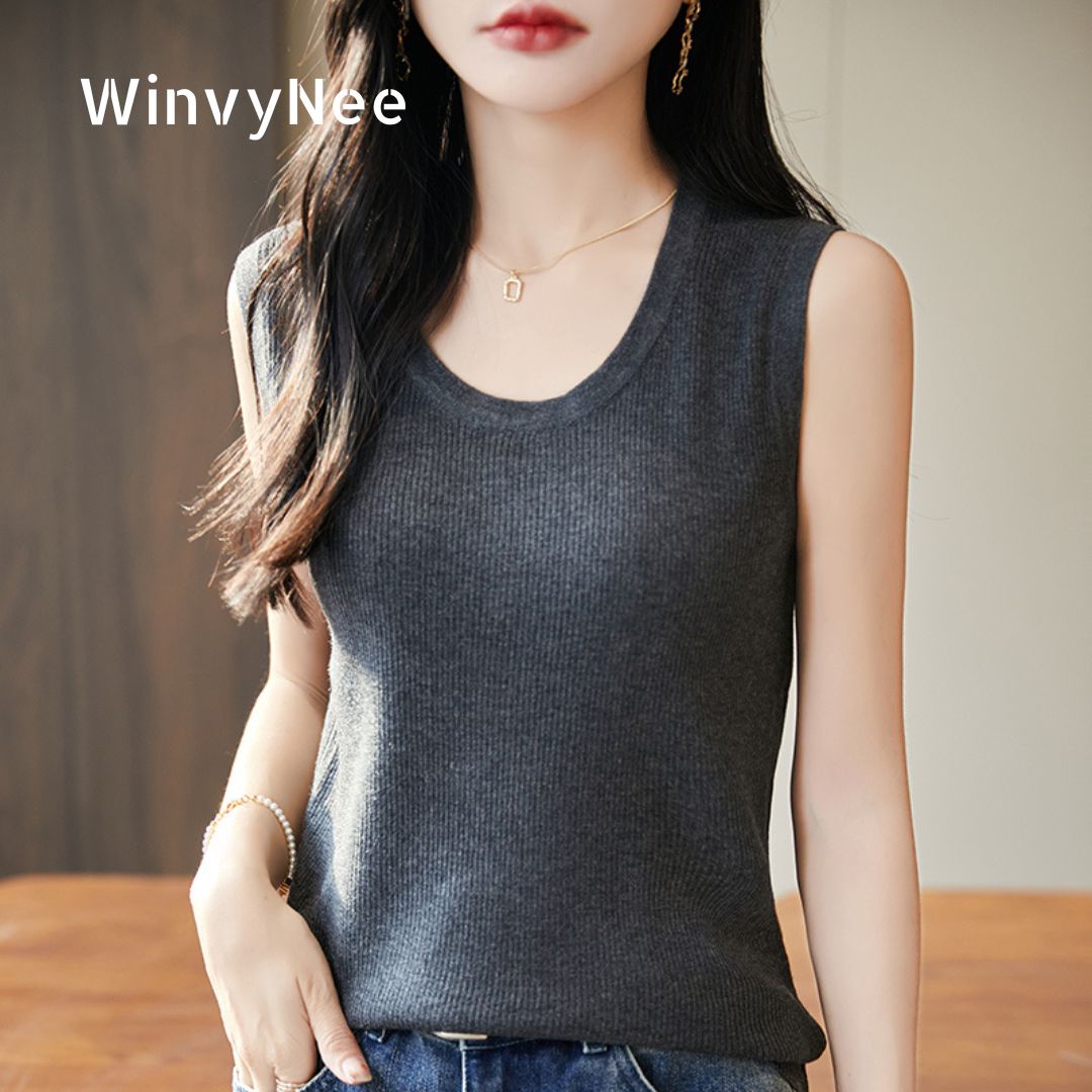 Tank Top Ribbed - WinvyNee Dames Diepe Ronde Hals Kamgarenwol